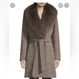 Sofia Cashmere Fox Fur Collar belted coat Brown twill